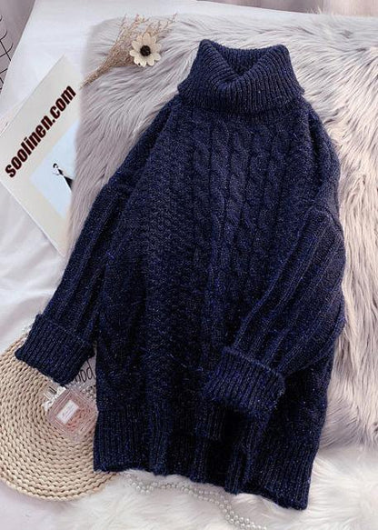 For Work Navy Clothes Asymmetric Hem Oversized High Neck Knit Tops