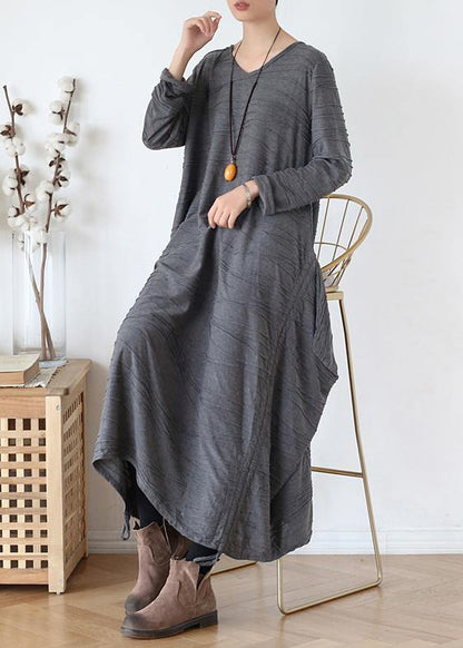 For Work O Neck Asymmetric Sweater Dress Outfit Gray Funny Knitted Fall
