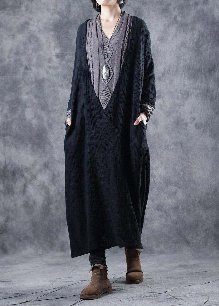 For Work Patchwork Sweater V Neck Outfits Largo Black Diy Knit Dress