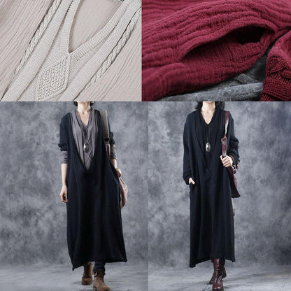 For Work Patchwork Sweater V Neck Outfits Largo Black Diy Knit Dress