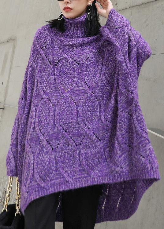 For Work Purple Clothes for High Neck Low High Design Oversize Knitwear