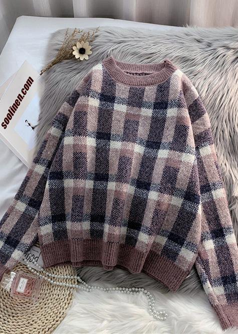 For Work Purple Knitted Clothes Warm Oversized Plaid Knitwear