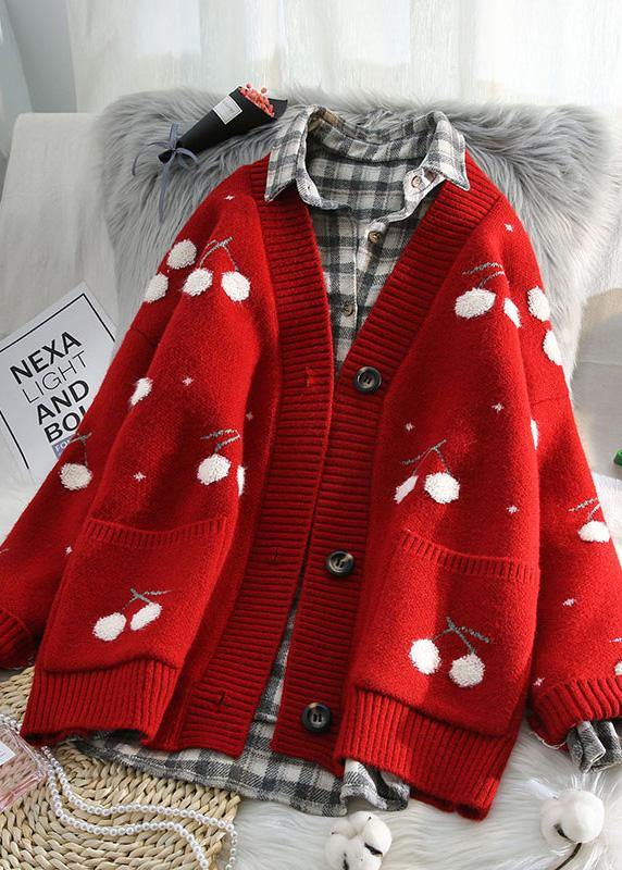 For Work Red Knitted Outwear Spring V Neck Knit Sweat Tops