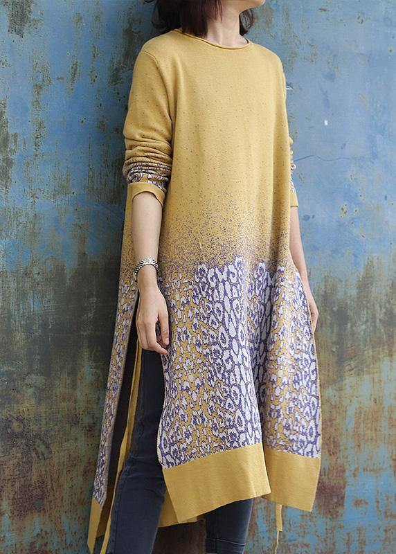 For Work Side Open Sweater O Neck Weather Classy Yellow Jacquard Hipster Sweater Dress