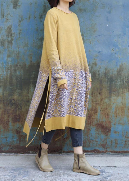 For Work Side Open Sweater O Neck Weather Classy Yellow Jacquard Hipster Sweater Dress