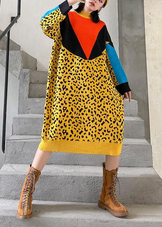 For Work Yellow Sweater Dresses Design Patchwork Hipster Spring Knit Dress