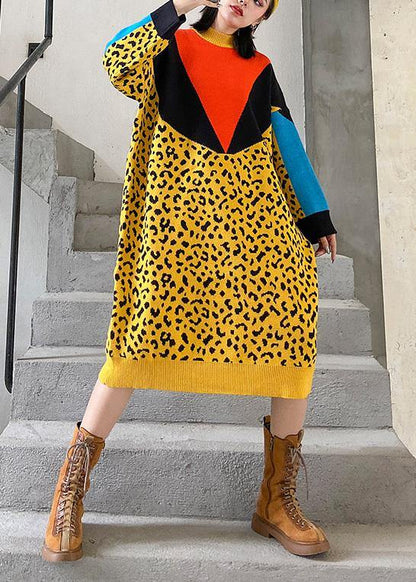 For Work Yellow Sweater Dresses Design Patchwork Hipster Spring Knit Dress