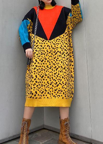 For Work Yellow Sweater Dresses Design Patchwork Hipster Spring Knit Dress