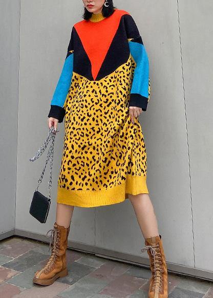 For Work Yellow Sweater Dresses Design Patchwork Hipster Spring Knit Dress