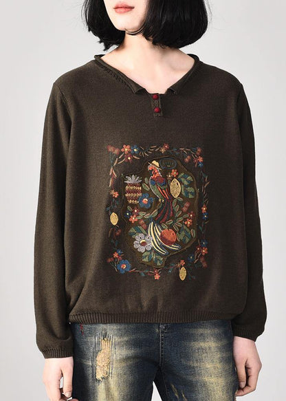 For Army Khaki Knitted Jackets Loose Fitting Prints V Neck Knitted Sweater Autumn