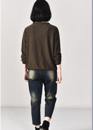 For Army Khaki Knitted Jackets Loose Fitting Prints V Neck Knitted Sweater Autumn