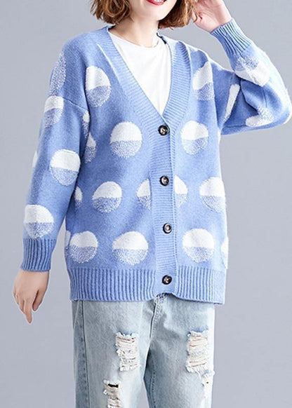 For Fall V Neck Blue Dotted Knitwear Wild Clothes
