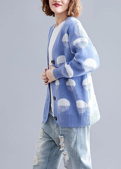 For Fall V Neck Blue Dotted Knitwear Wild Clothes