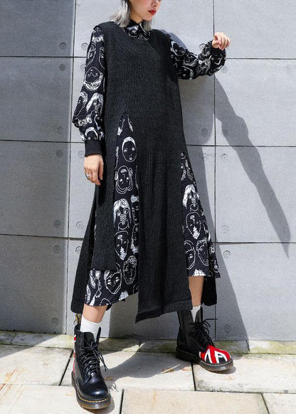 For Two Pieces Sweater Aesthetic Black Asymmetric Big Knit Top Fall