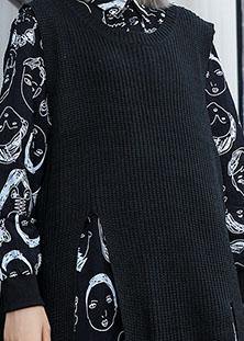 For Two Pieces Sweater Aesthetic Black Asymmetric Big Knit Top Fall