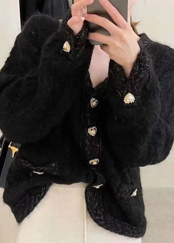 French Apricot Button Hollow Out Cotton Knit Coats Fall