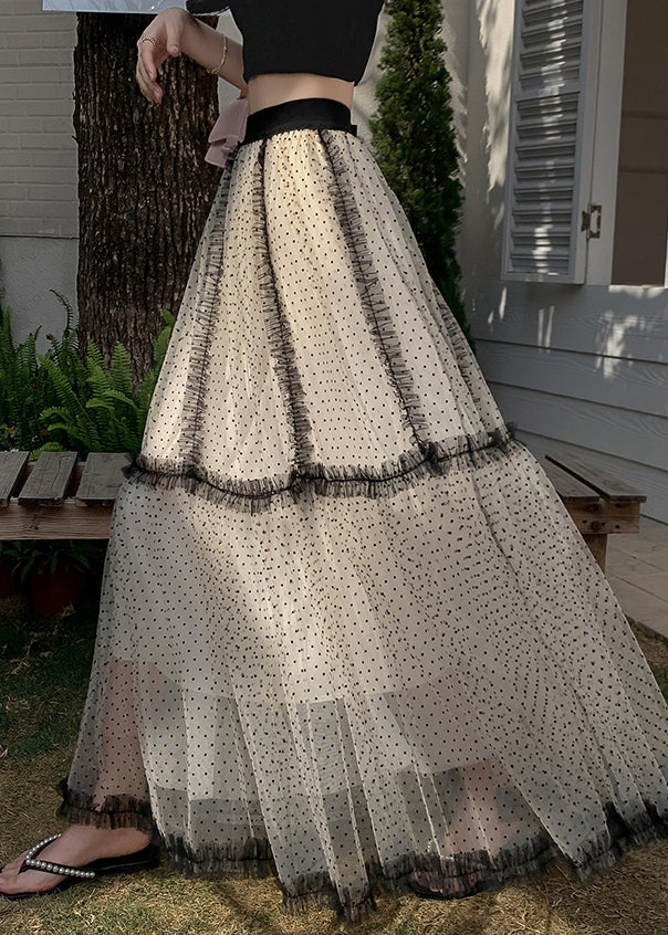 French Apricot Dot Ruffled Patchwork Tulle a Line Skirts Summer