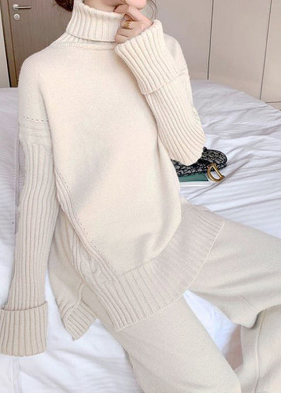 French Apricot Hign Neck Tops and Pants Knit Two Pieces Set Autumn