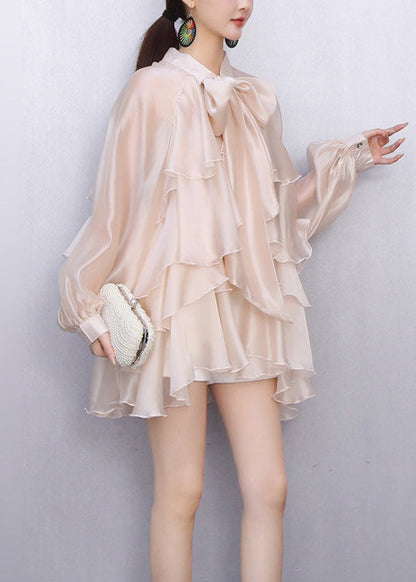 French Apricot Layered Ruffled Comfortable Fabric Silk Bow Blouse