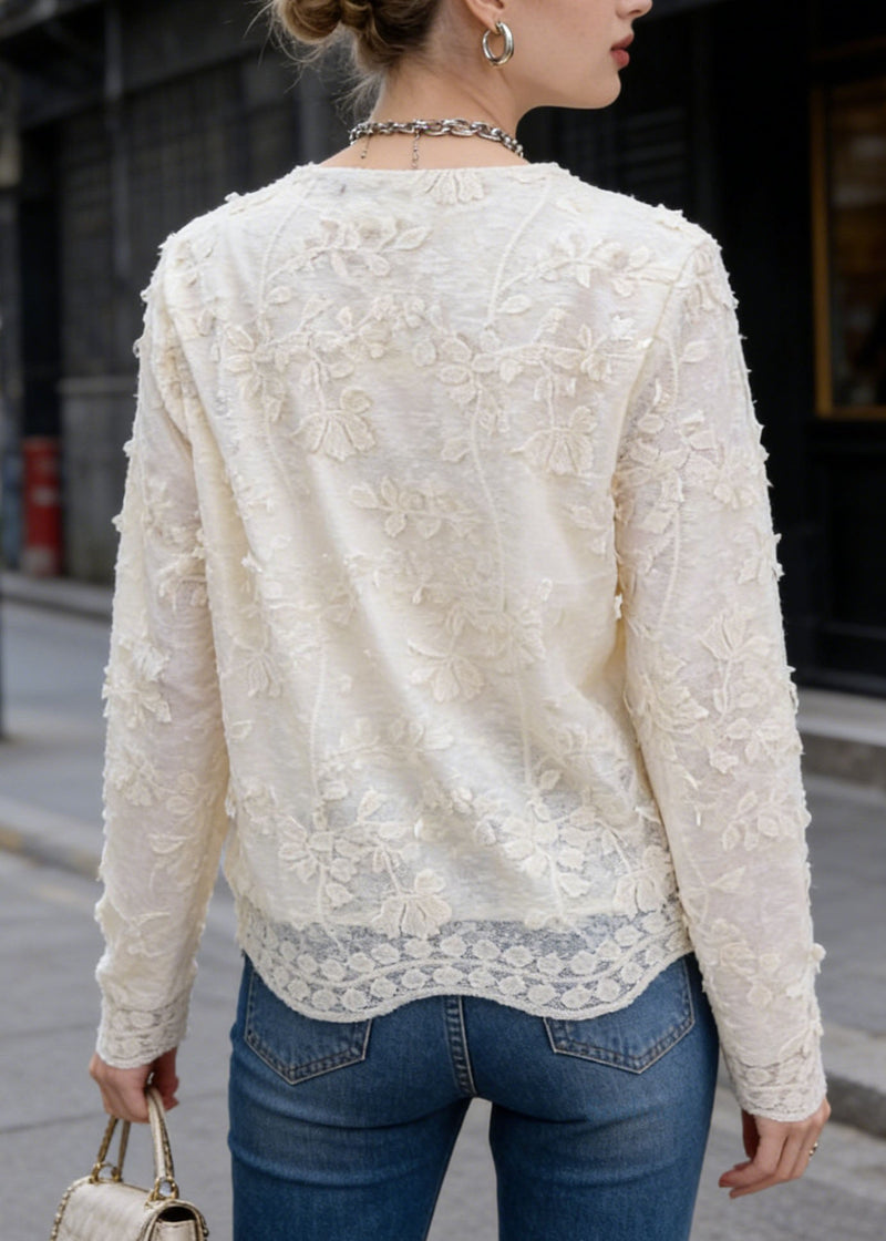 French Apricot O Neck Embroidered Lace Top Spring