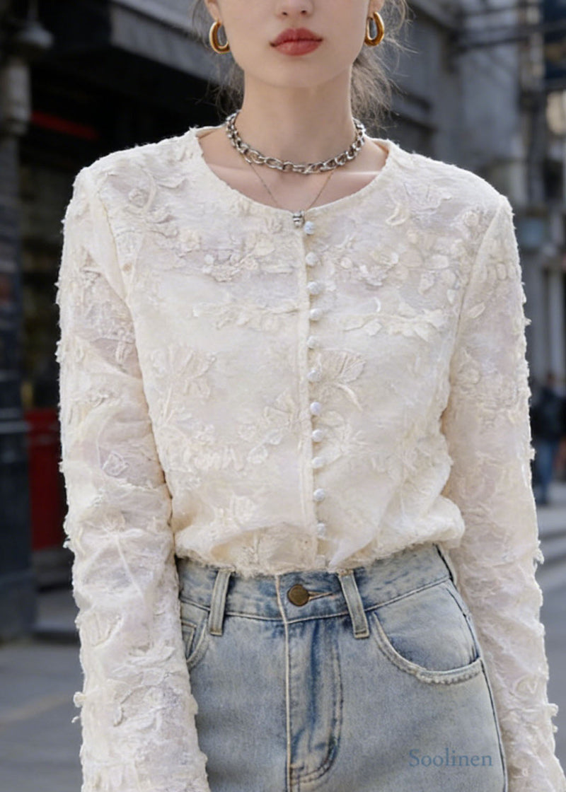 French Apricot O Neck Embroidered Lace Top Spring