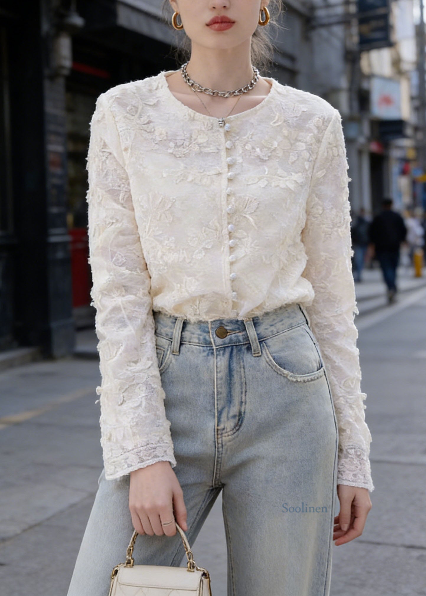 French Apricot O Neck Embroidered Lace Top Spring