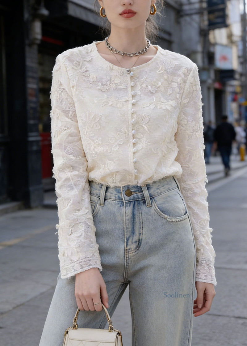 French Apricot O Neck Embroidered Lace Top Spring