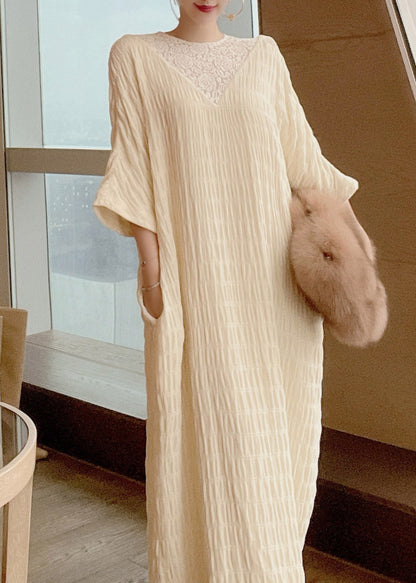 French Apricot O-neck Lace Patchwork Silk Maxi Dresses Long Sleeve