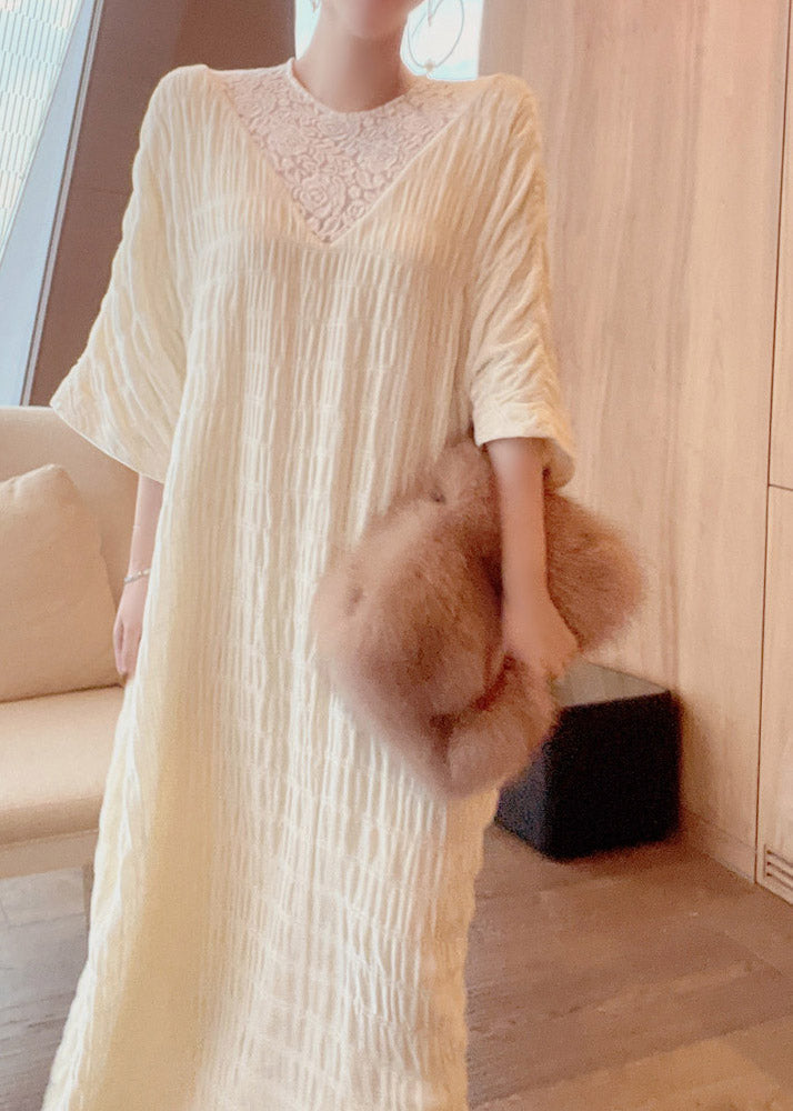 French Apricot O-neck Lace Patchwork Silk Maxi Dresses Long Sleeve