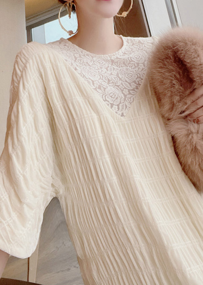 French Apricot O-neck Lace Patchwork Silk Maxi Dresses Long Sleeve