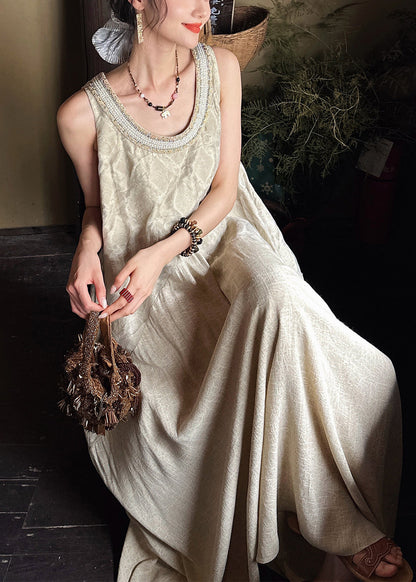 French Apricot O Neck Pockets Patchwork Cotton Long Dress Sleeveless