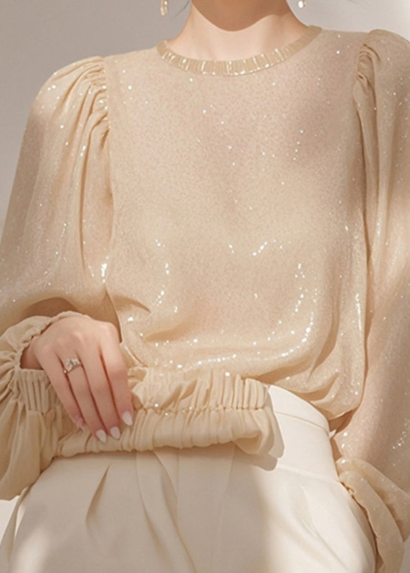 French Apricot O Neck Sequins Shirt Tops Spring