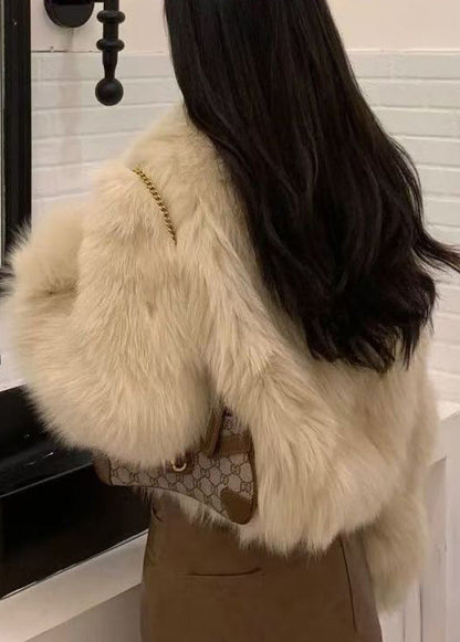 French Apricot Peter Pan Collar Button Leather and Fur Coat Spring