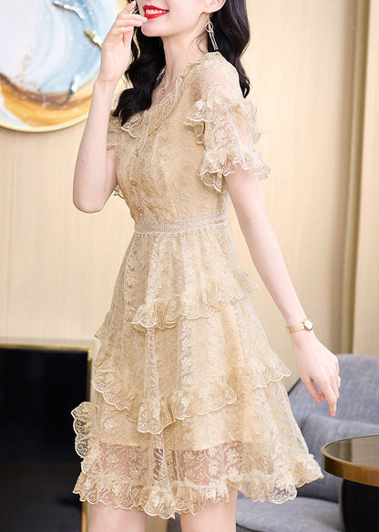 French Apricot Ruffled Embroidered Patchwork Tulle Dress Summer
