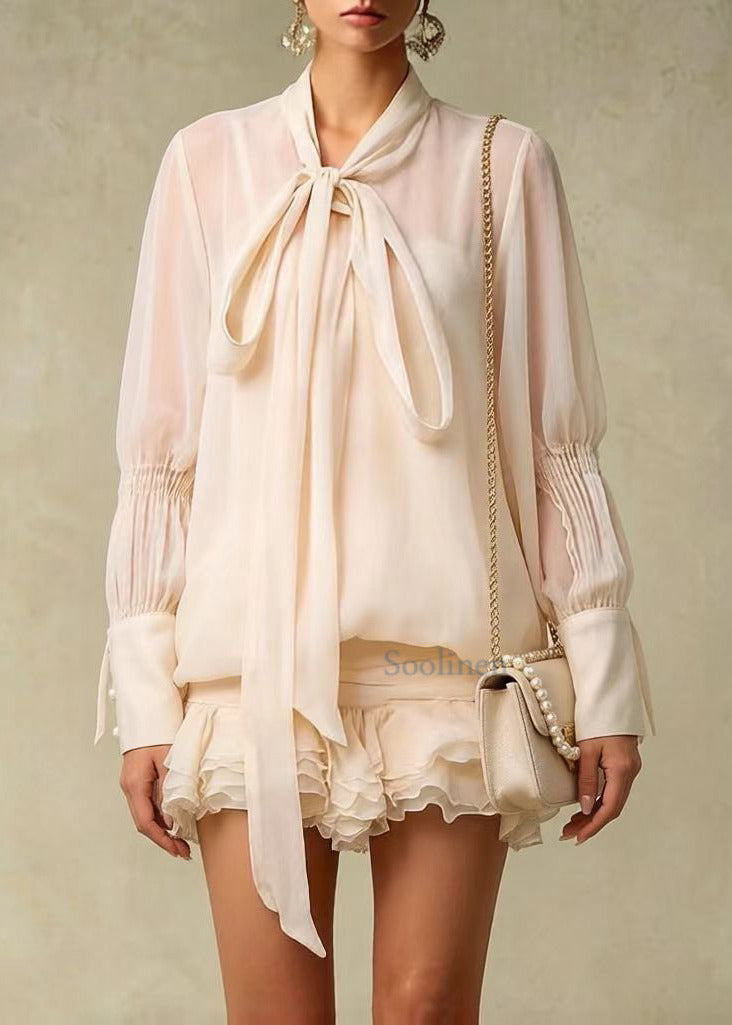 French Apricot Ruffled Wrinkled Chiffon Work Dress Spring