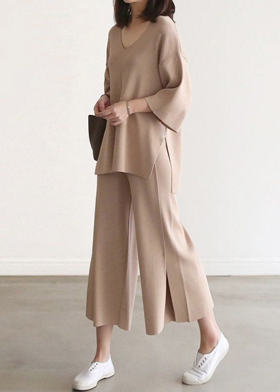 French Apricot V Neck Knit Top and Wide Leg Pants Two Pieces Set Spring