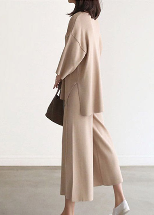 French Apricot V Neck Knit Top and Wide Leg Pants Two Pieces Set Spring