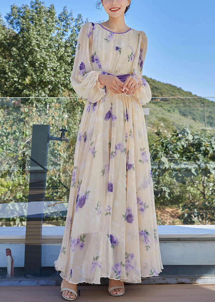French Apricot Yellow O-neck Print Tunic Bow Chiffon Holiday Maxi Dresses Spring