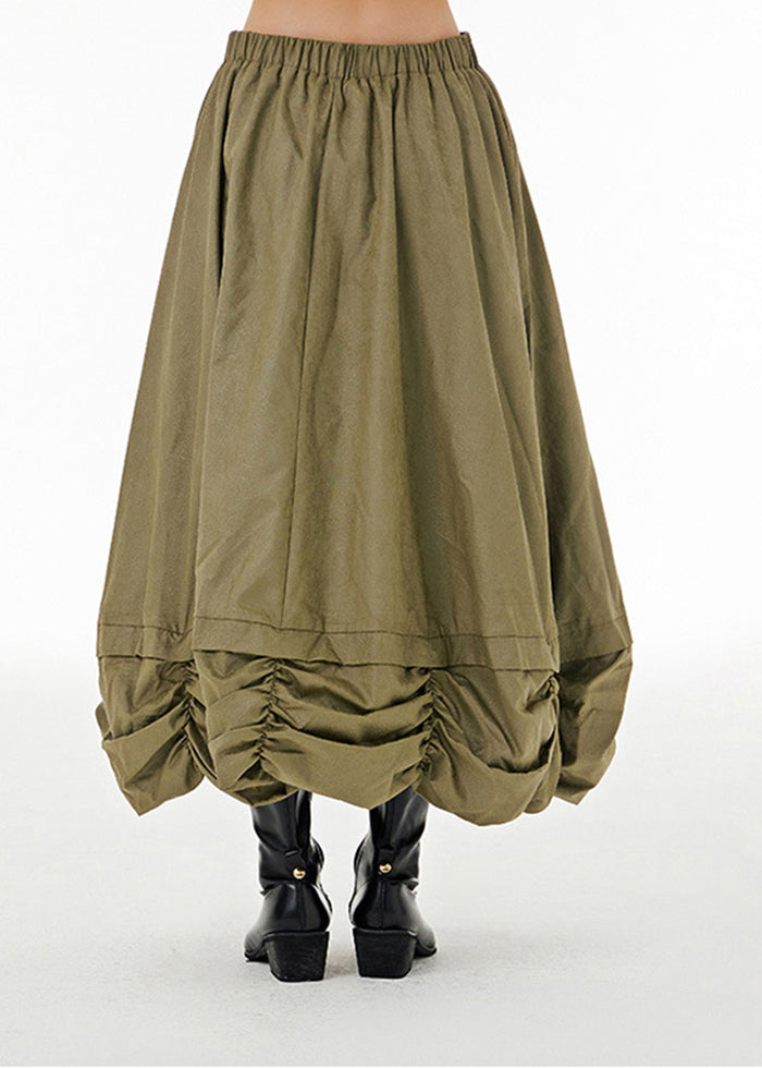 French Army Green Elastic Waist Patchwork Wrinkled Cotton a Line Skirt Summer