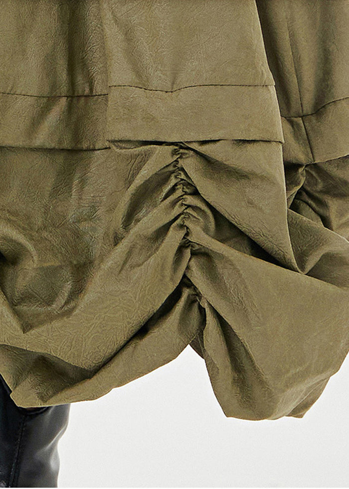 French Army Green Elastic Waist Patchwork Wrinkled Cotton a Line Skirt Summer