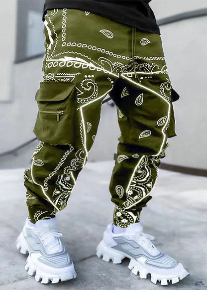 French Army Green Print Elastic Waist Cotton Harem Pants Fall