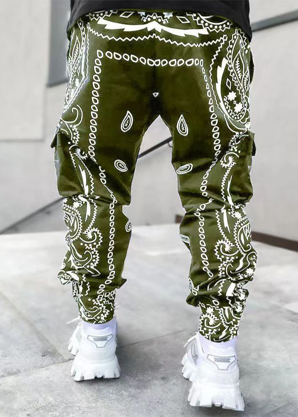 French Army Green Print Elastic Waist Cotton Harem Pants Fall