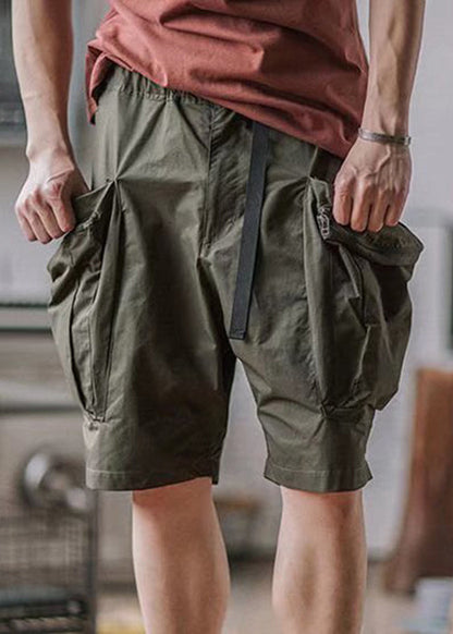 French Army Green Zip Up Pockets Cotton Shorts Summer