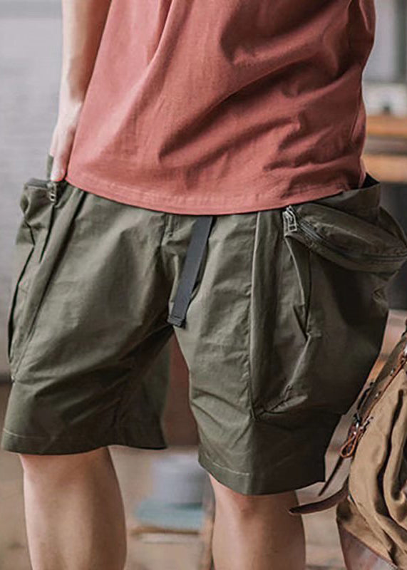 French Army Green Zip Up Pockets Cotton Shorts Summer