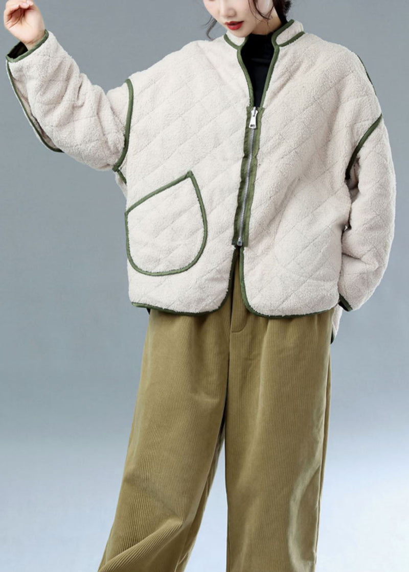 French Army Green Zip Up Wear on Both Sides Fleece Wool Lined Jackets Winter