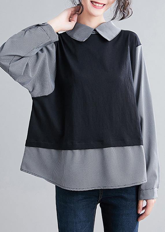 French Batwing Sleeve Patchwork Shirts Sewing Black Shirts