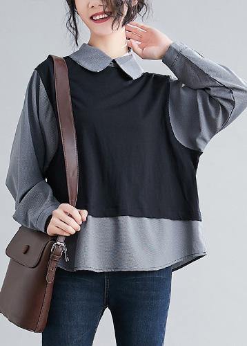 French Batwing Sleeve patchwork shirts women Sewing black shirts
