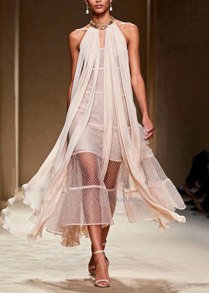 French Beige Cold Shoulder Mesh Halter Dress Summer