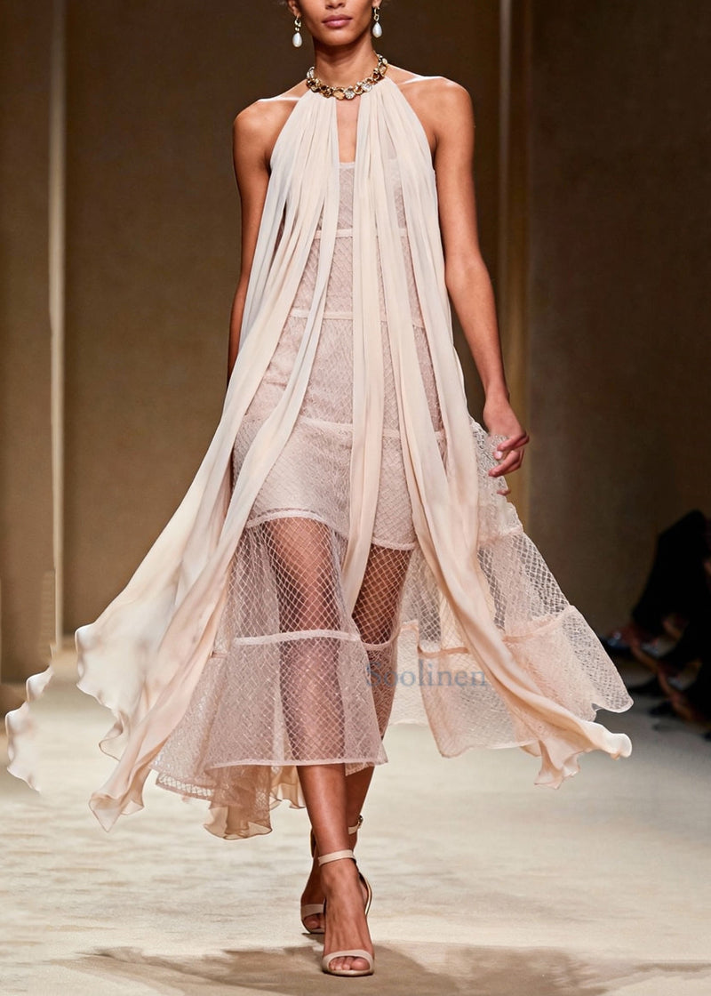 French Beige Cold Shoulder Mesh Halter Dress Summer