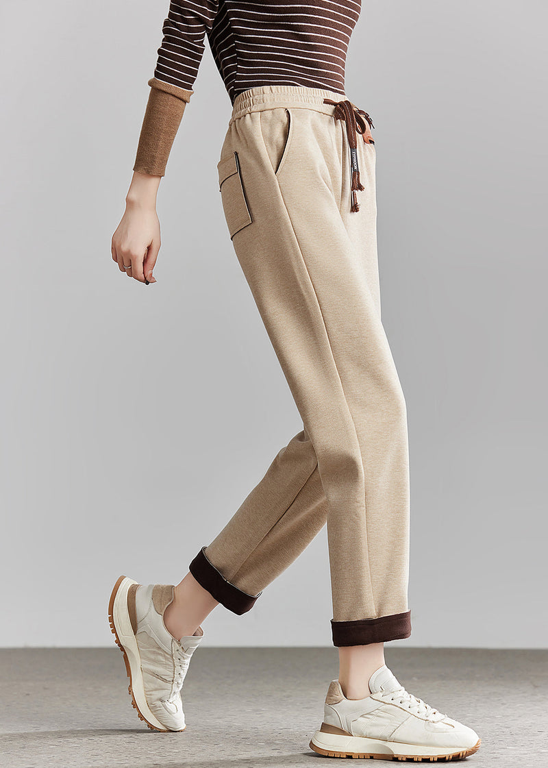 French Beige Elastic Waist Pockets Cotton Crop Pants Spring